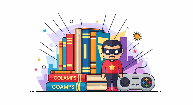 Young superhero character with books and a game controller