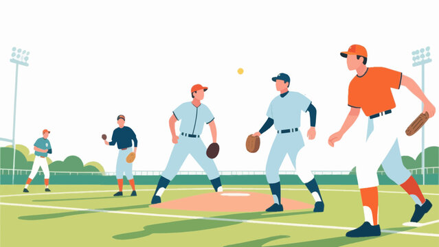 Baseball game scene with players on a sunny field, flat vector illustration
