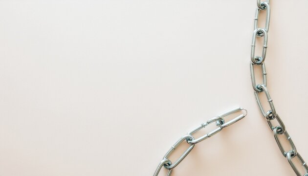 Freedom and liberation concept: Minimalist broken metal chain on light beige background, top view flat lay with copy space