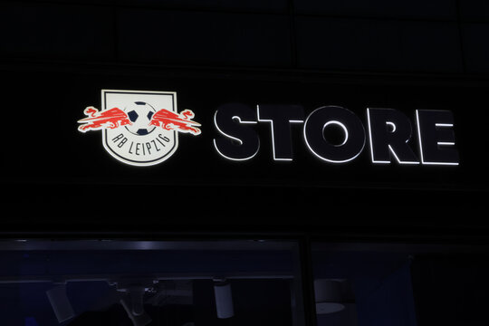 Leipzig, Germany, May 3, 2026: RB Leipzig Storefront Signage Highlighting Soccer Enthusiasm and Team Branding