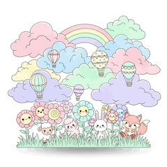 Obraz premium Charming pastel illustration of a fantasy meadow with cute animals, flying hot air balloons, and a rainbow under fluffy clouds
