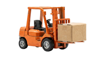 Orange toy forklift carrying a cardboard box representing warehousing and logistics. © Png ProTeam