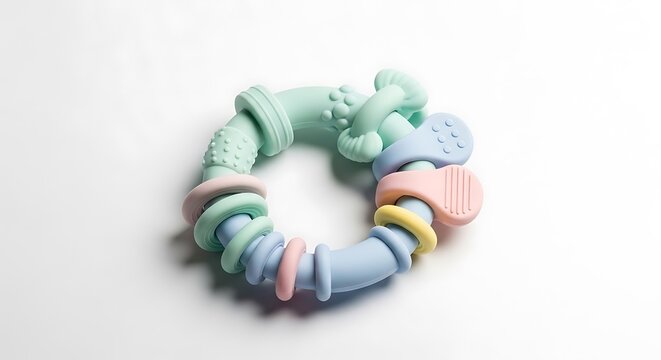 Baby teething ring toy with various textures and pastel colors isolated on white background