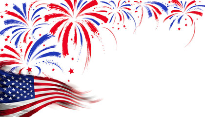 Obraz premium Vibrant red white and blue fireworks exploding behind waving american flag on isolated white background for 4th of july celebrations