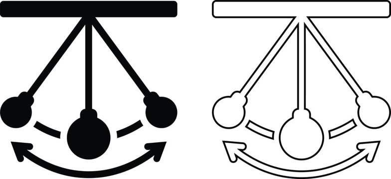 Swinging pendulum vector icon set featuring solid black silhouette and line outline graphics with motion arrows for physics science education, time concepts, and momentum balance design.