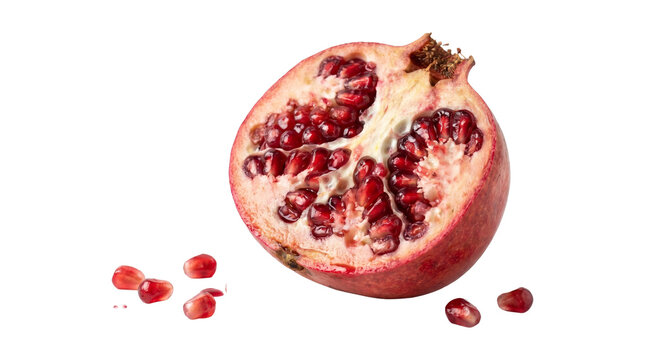 Red pomegranate half with seeds png isolated on transparent background ripe juicy garnet fruit organic food.