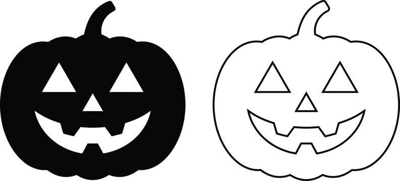 Halloween Jack-o'-lantern pumpkin vector icon set featuring a scary smiling face in solid black silhouette and line outline graphics for spooky autumn holiday and festive party design.