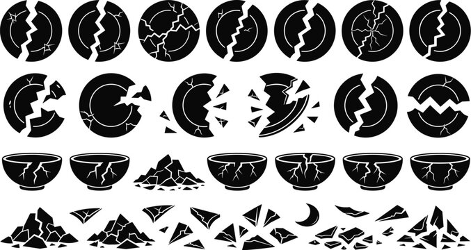 Broken Ceramic Plate and Bowl Silhouette Icon Set with Cracked Dishes Ceramic Shards Debris Piles and Destroyed Pottery for Graphic Design Elements
