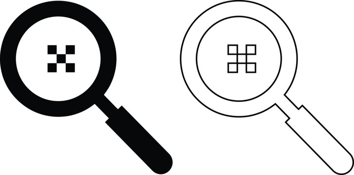 Search command vector icon set featuring a magnifying glass with the keyboard loop symbol in solid black silhouette and line outline for operating system UI design.