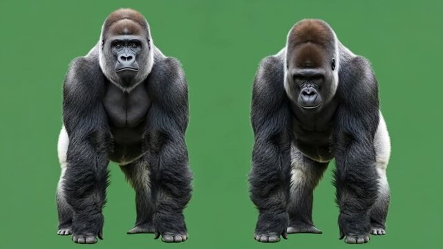 Two gorillas standing upright against green background