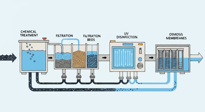 Water Treatment Process Diagram Illustration.