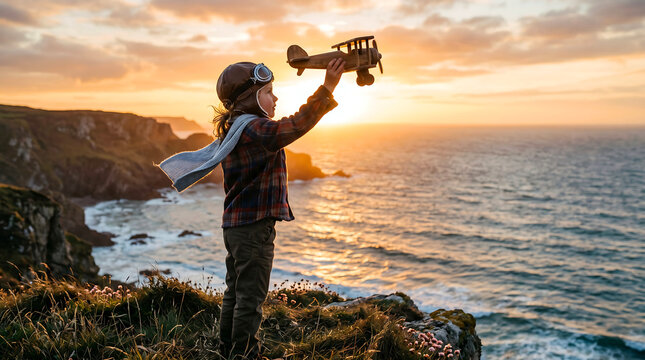 A young child wearing a vintage leather aviator hat and scarf holds a small wooden toy airplane while playing during a vibrant golden sunset hour.