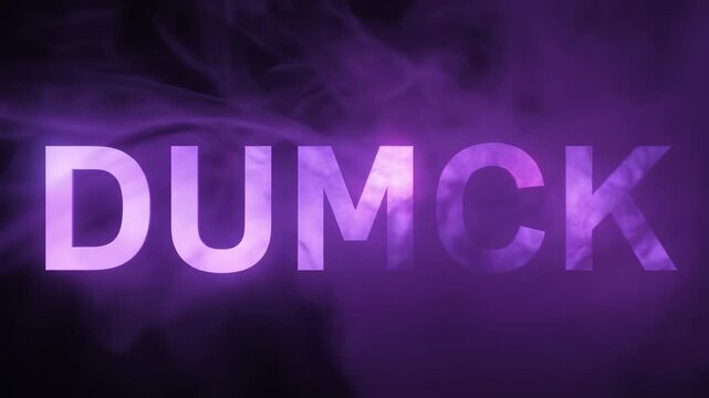 Abstract purple smoke and vapor swirls with glowing neon text on a dark black background.