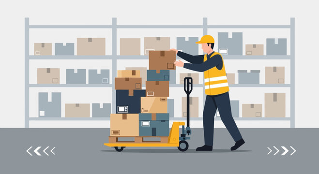 Warehouse worker with pallet jack moving boxes, logistics, storage, delivery