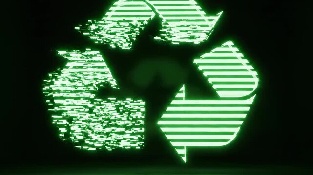 A glowing green neon recycling symbol illuminates a dark industrial room, representing futuristic sustainability and eco-friendly technology.