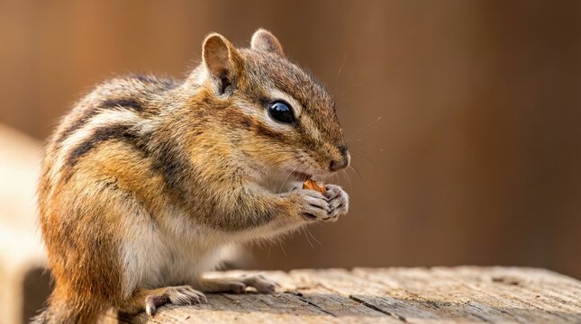 Close up profile of a cute striped chipmunk sitting on a wooden plank and eating a nut in the wild.