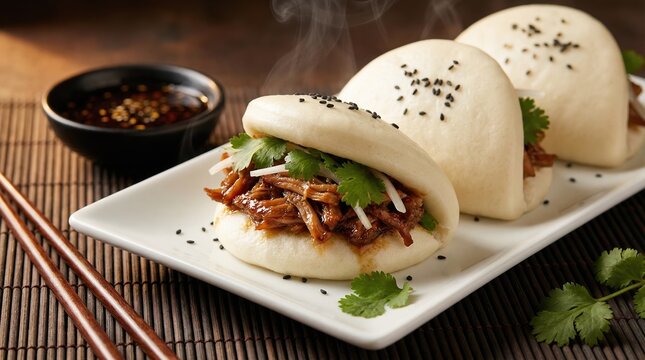 Freshly steamed bao buns filled with pulled pork and cilantro served on a white plate with dipping sauce.