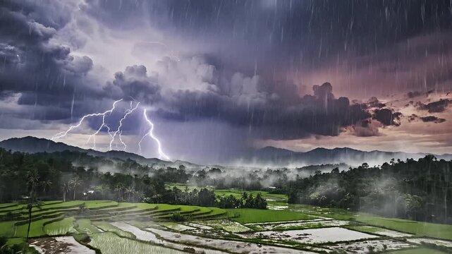Dramatic Lightning Strike Over Lush Green Rice Terraces During a Thunderstorm.