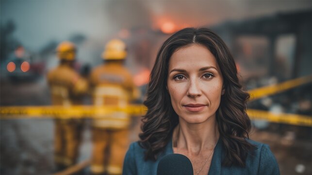 A journalist with a microphone is preparing for a live broadcast at the scene. An adult woman is standing in front of the camera, with firefighters and a barrier with tape in the background.