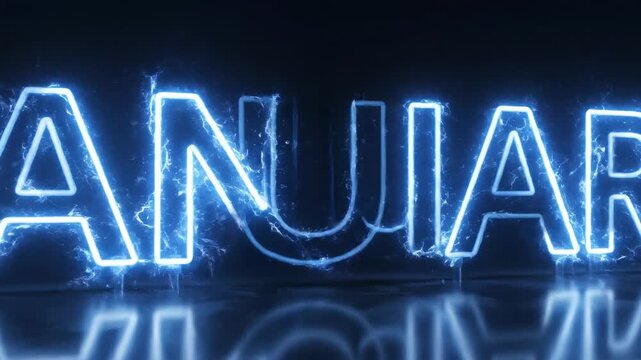 Glowing blue neon January text with reflection on a dark background for calendar and seasonal planning.