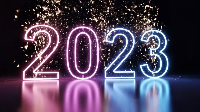 Glowing neon 2023 number on a dark reflective surface for new year celebration and calendar concept.