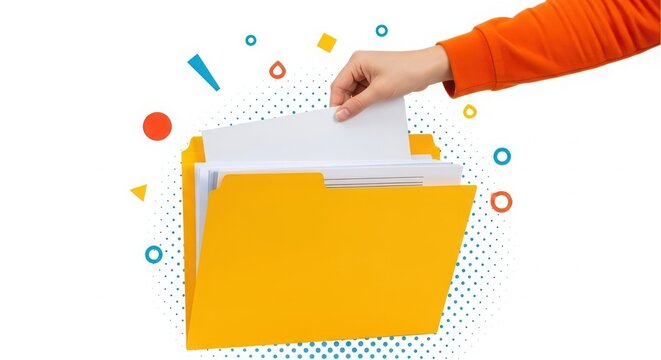 Hand placing document into bright yellow file folder against a white background with colorful abstract shapes