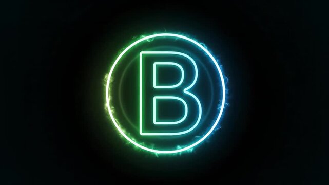 Glowing neon letter B inside a circular frame with blue and green light effects on a dark background.