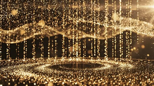 Golden Glitter Particles Flowing Abstract Background with Light Rays.
