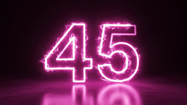 Glowing pink neon number forty five on a dark reflective background for anniversary or birthday celebration.