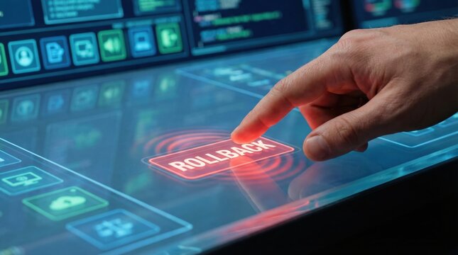 Hand pressing a red rollback button on a futuristic digital touch screen interface for system recovery.