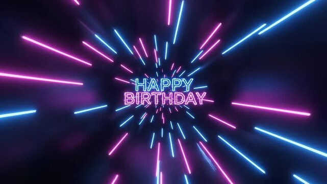 Glowing neon happy birthday text with electric blue and purple fire effect on black background.