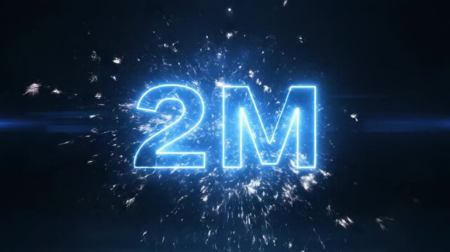 Neon blue 2M text glowing on dark background for two million followers or subscribers milestone celebration.
