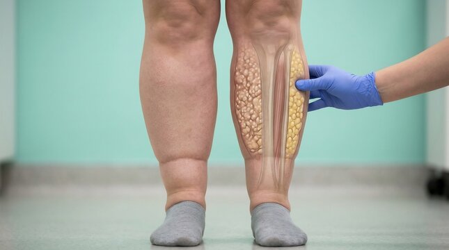 Medical illustration of human lower legs with a cross-section showing fat layers and muscle during a clinical examination