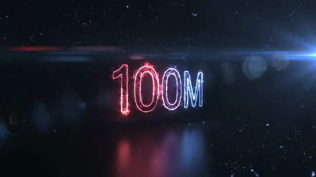 Neon glowing 100M milestone text on dark background for social media achievement celebration.