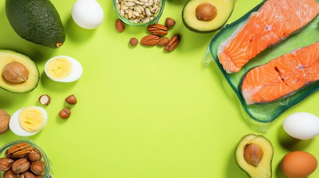 "Keto diet foods with salmon avocado eggs nuts and seeds on bright green background"