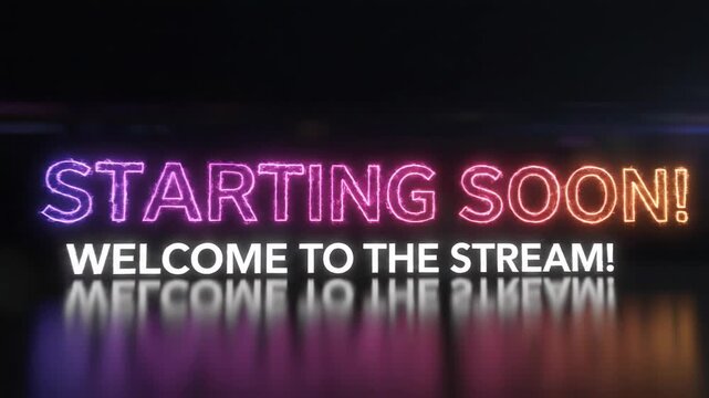 Neon glowing starting soon text on a dark background for live streaming and gaming broadcast waiting screen.