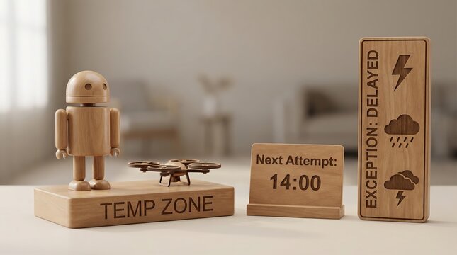 Wooden robot and drone display showing a delivery delay exception due to weather conditions.