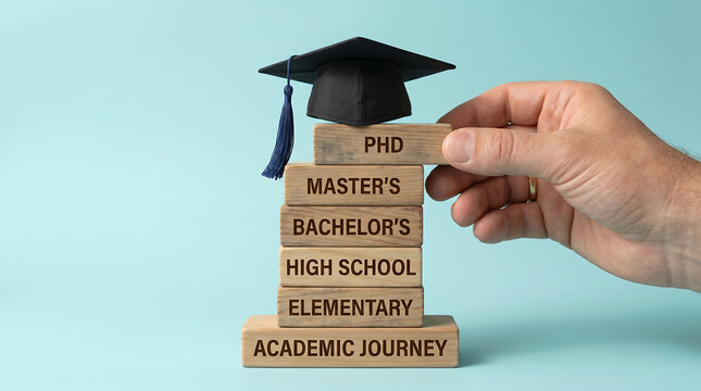 Person holding wooden blocks with academic degrees and graduation cap on top