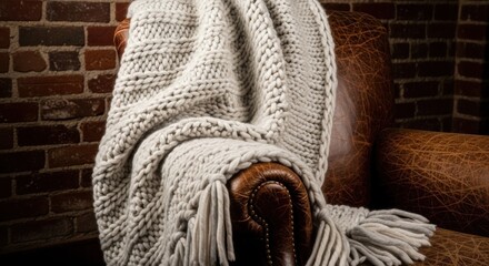 Naklejka premium Luxurious Hand-Knitted Chunky Wool Throw Blanket Draped Artfully Over a Distressed Leather Armchair