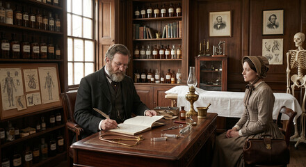 Historic doctor in an old-fashioned clinic writes notes in a detailed medical setting