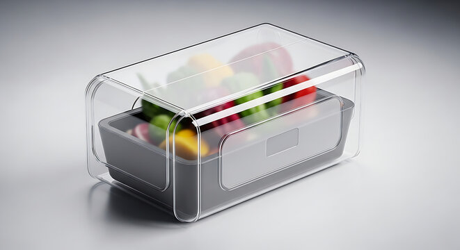 "Transparent food packaging box mockup, modern futuristic style, soft lighting, branding area