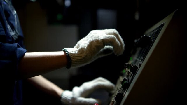 An industrial young woman technician stands in front of a control panel and overseeing the operation of machinery in a car parts manufacturing plant