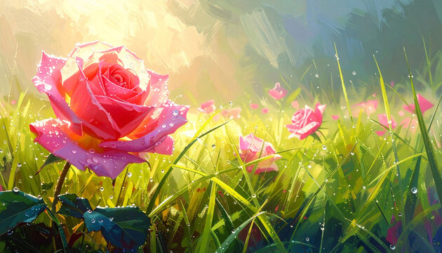 Large dew-covered red rose glows in golden sunlight among wet grass and morning dew.