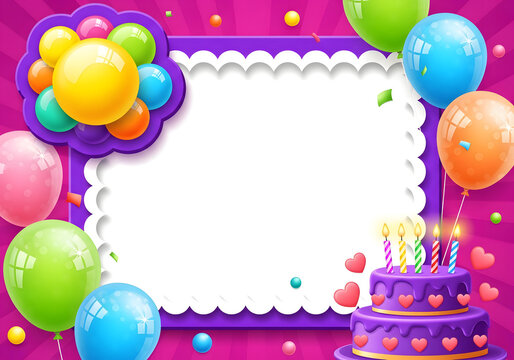 Vibrant birthday celebration background with empty frame, colorful balloons, and delicious cake with lit candles, perfect for festive greetings and party invitations