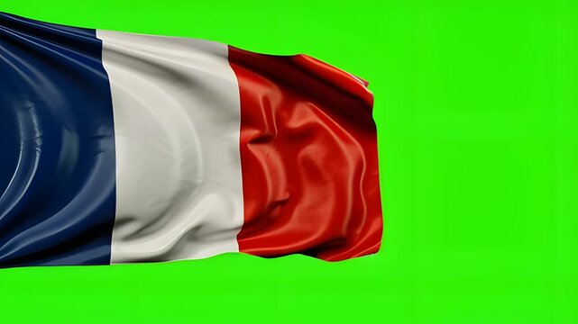 French Flag Flowing Gracefully In The Wind Against Bright Green Screen Symbolizing Unity Patriotism And National Spirit