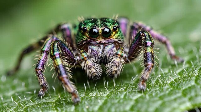 Macro shot of a vibrant jumping spider on a green leaf.