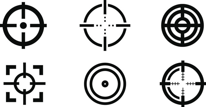 Target and crosshair precision aiming black outline icon collection