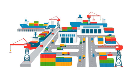 Fototapeta premium Busy shipping port with container ships, cranes, trucks, and cargo.