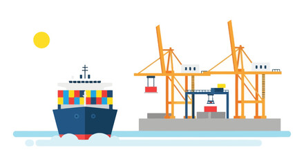 Container Ship Arriving at Port with Cranes and Cargo © Fu