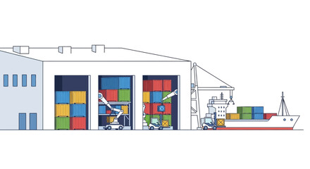 Fototapeta premium Shipping Port Dockside Warehouse with Cargo Ship and Containers
